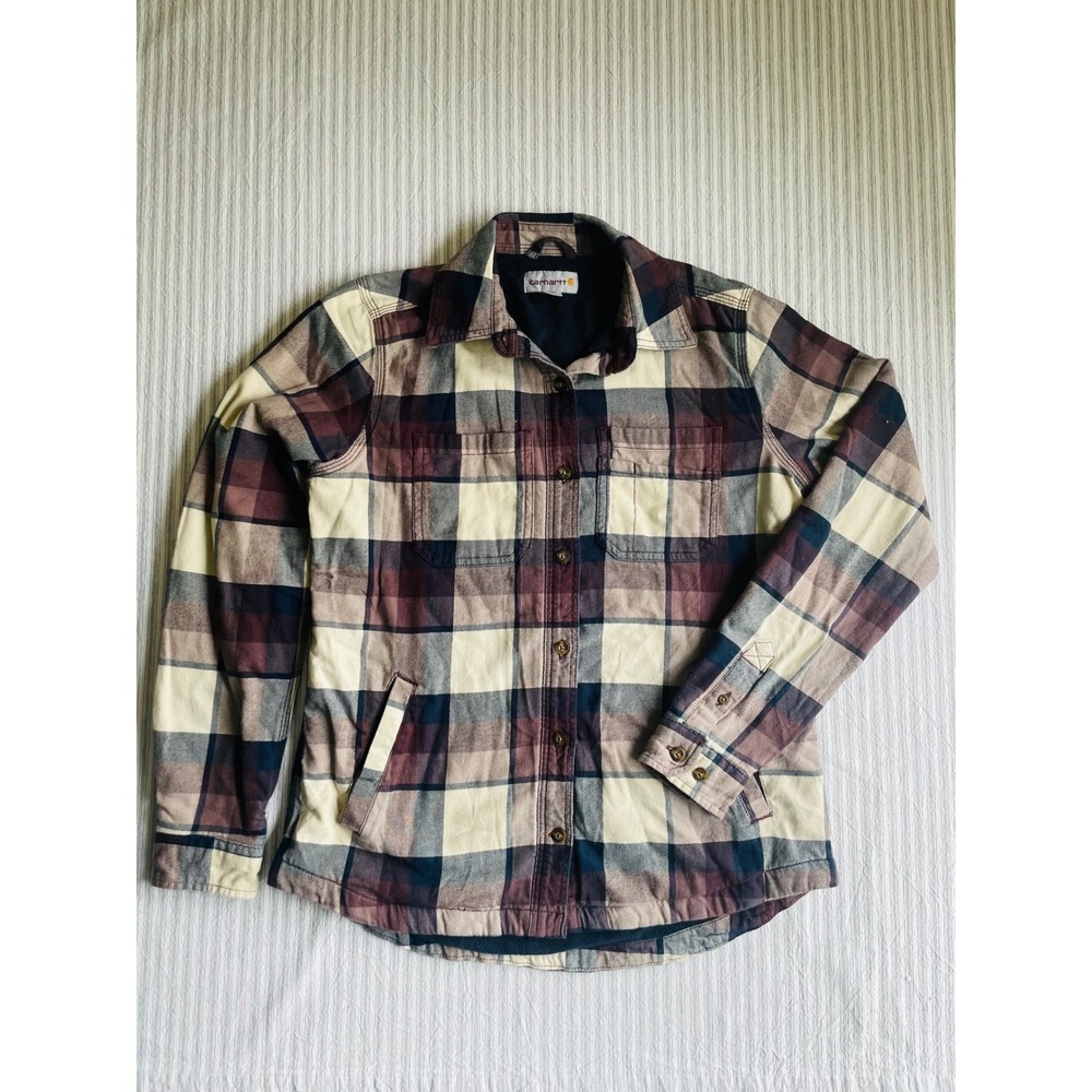 Carhartt Fleece Lined Plaid Flannel Shirt Jacket XS Womens burgundy Cream Navy